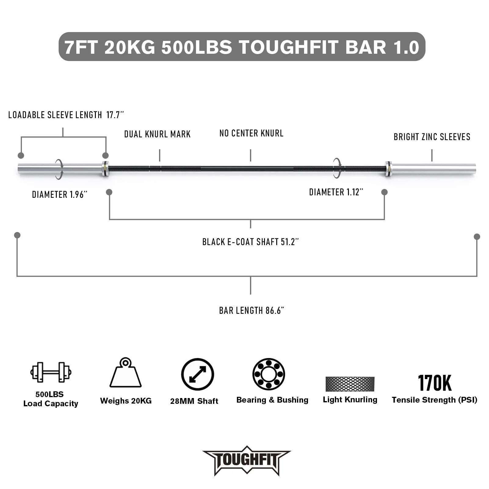 ToughFit 7FT Olympic Barbell Bar – Fits 2'' Weight Plates - Image 4